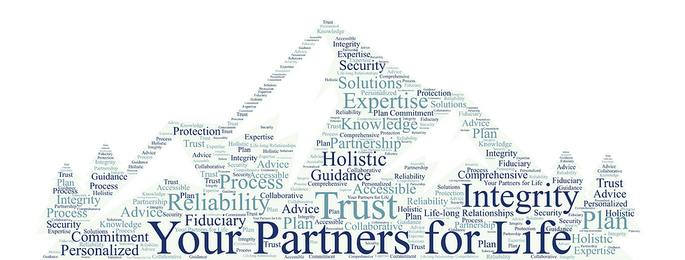 Mountain-shaped text cloud with Expertise, Trust, Integrity. Your Partners for Life. HKS Financial Partners.