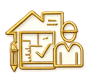 Gold house icon with blueprints, a pencil, and an architect.