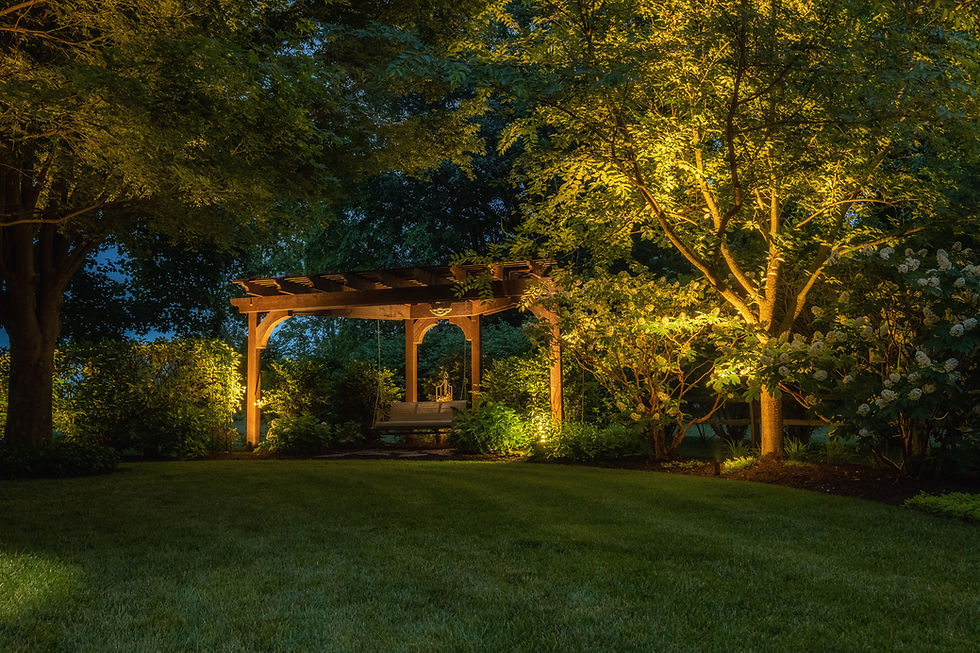 Nighttime view of home illuminated with outdoor accent lighting