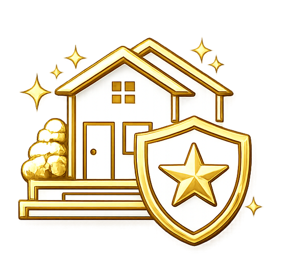 Gold house icon with a protective shield and star.