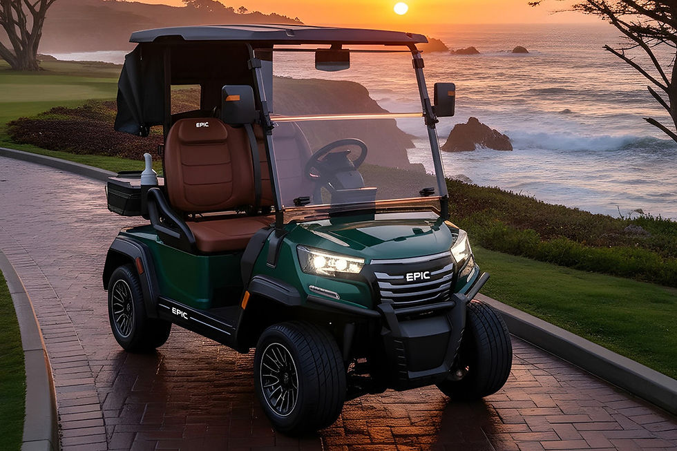 Thumbnail: Green D5 Maverick 4 golf cart at sunset by the ocean