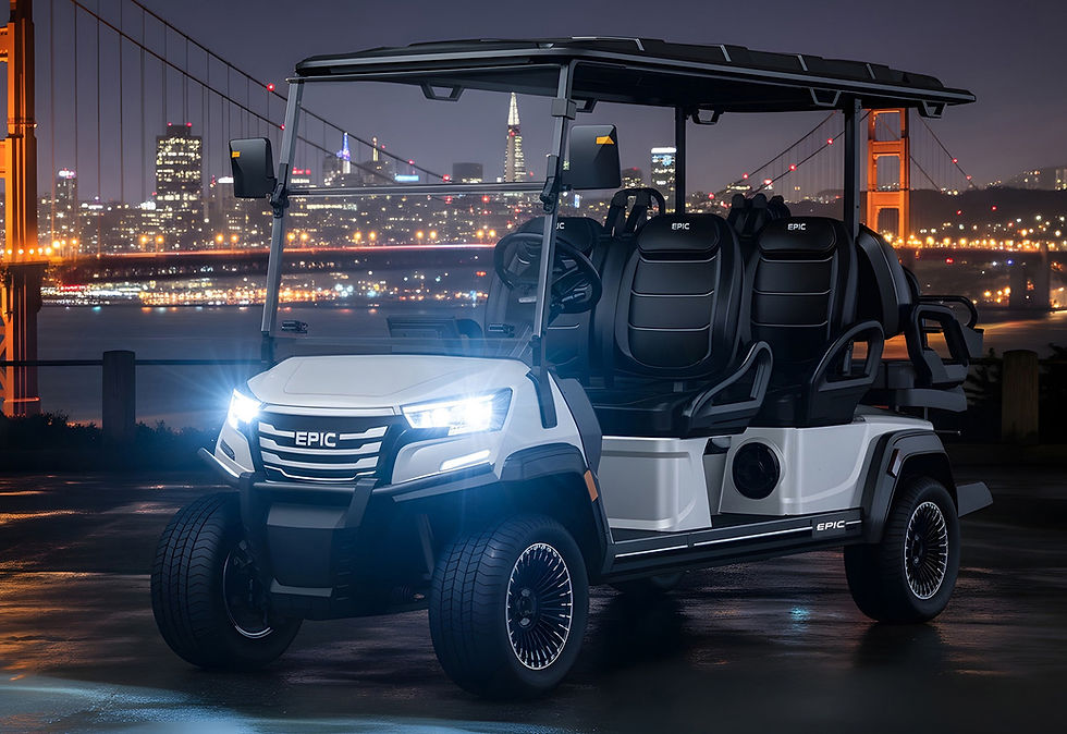 Thumbnail: White D5 Maverick 4 golf cart with headlights on, city skyline background