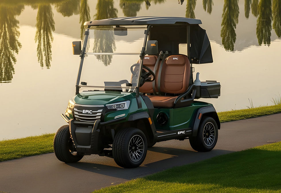 Dark green D5 Maverick 4 golf cart with brown seats by a lake