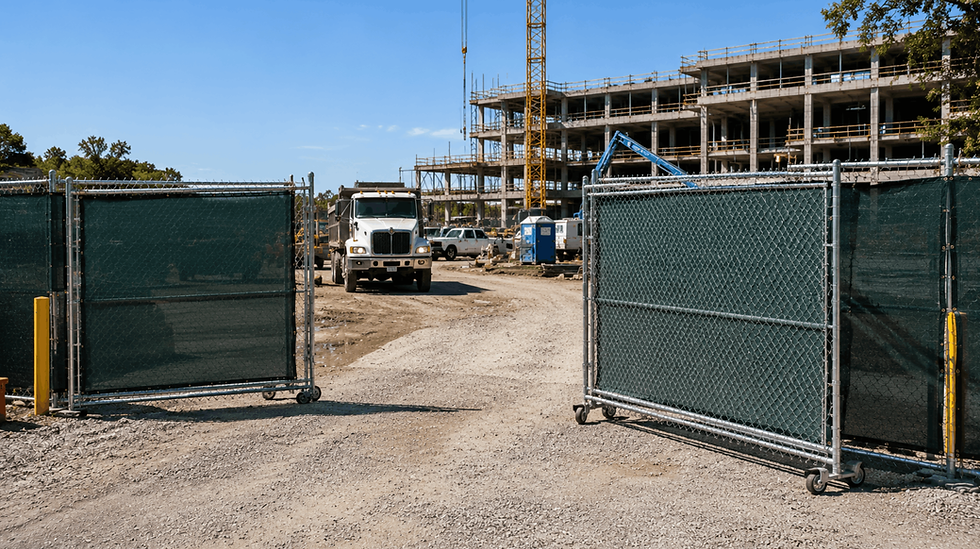 Open chain-link vehicle gates at a construction site.