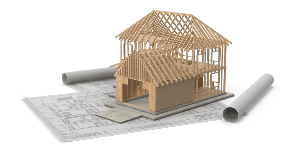 House frame on top of blueprints, construction of new house project.