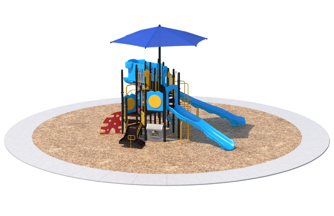Playground structure with blue slides and umbrella on sand