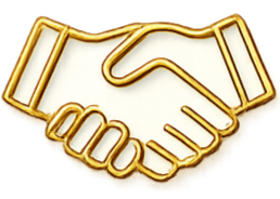 Gold and white handshake icon on a black background