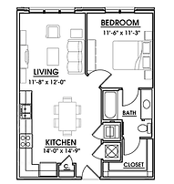 1 BR, 664 SF Floor Plan Illustration