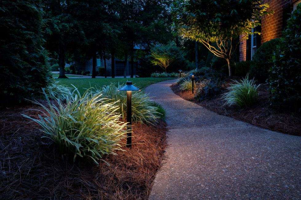 Nighttime view of home illuminated with outdoor accent lighting