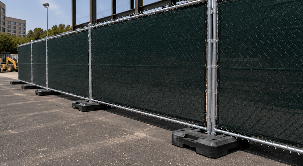 Temporary chain link fence with green privacy screening.