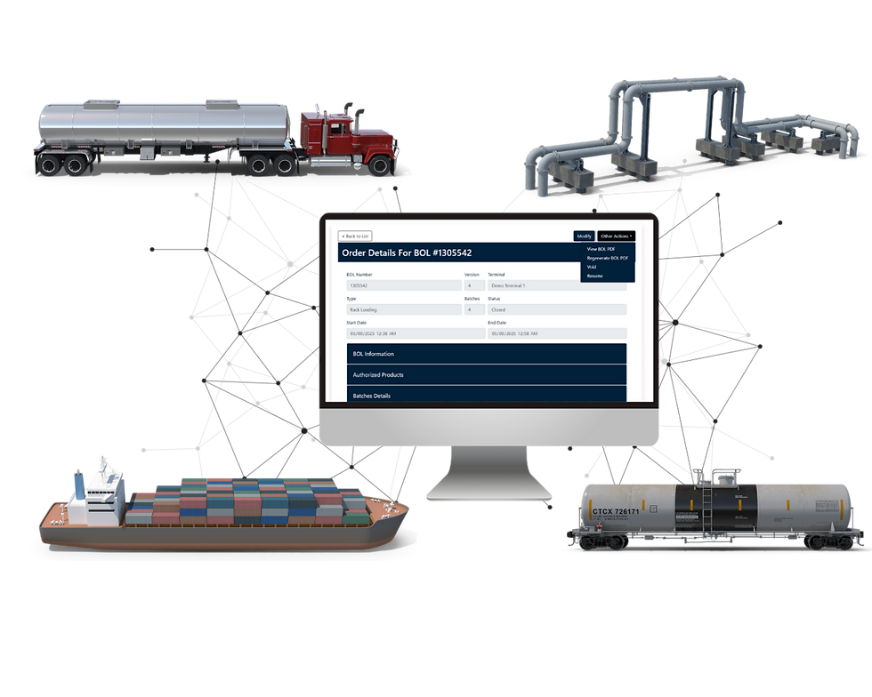 Dearman UNITY Dashboard with connection to rail, pipeline, marine, and truck