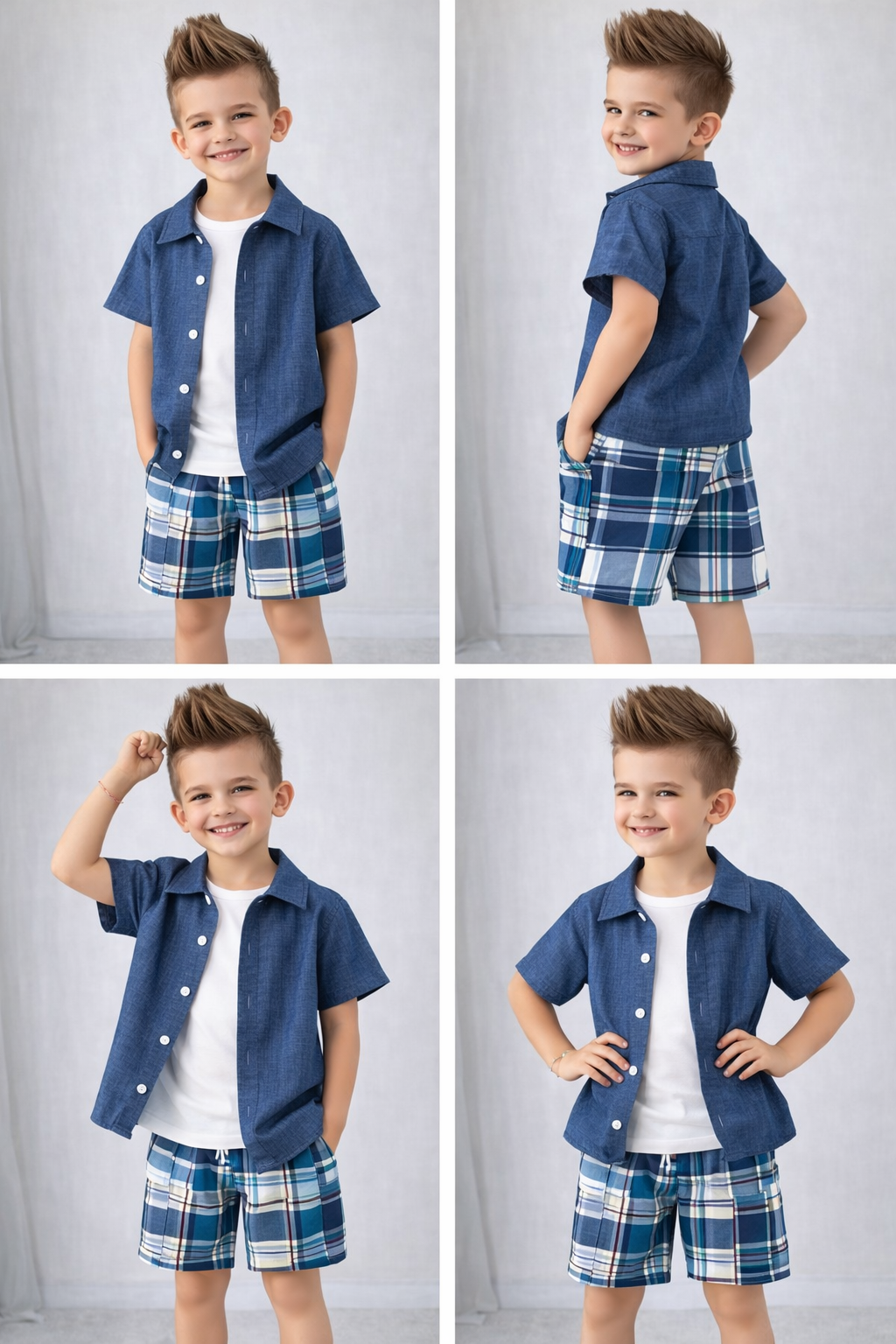 Navy Blue Kids Shirt & Plaid Shorts
