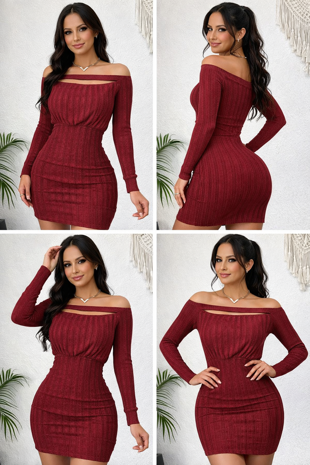 Woman's Burgundy Knee-High Long Sleeves Dress
