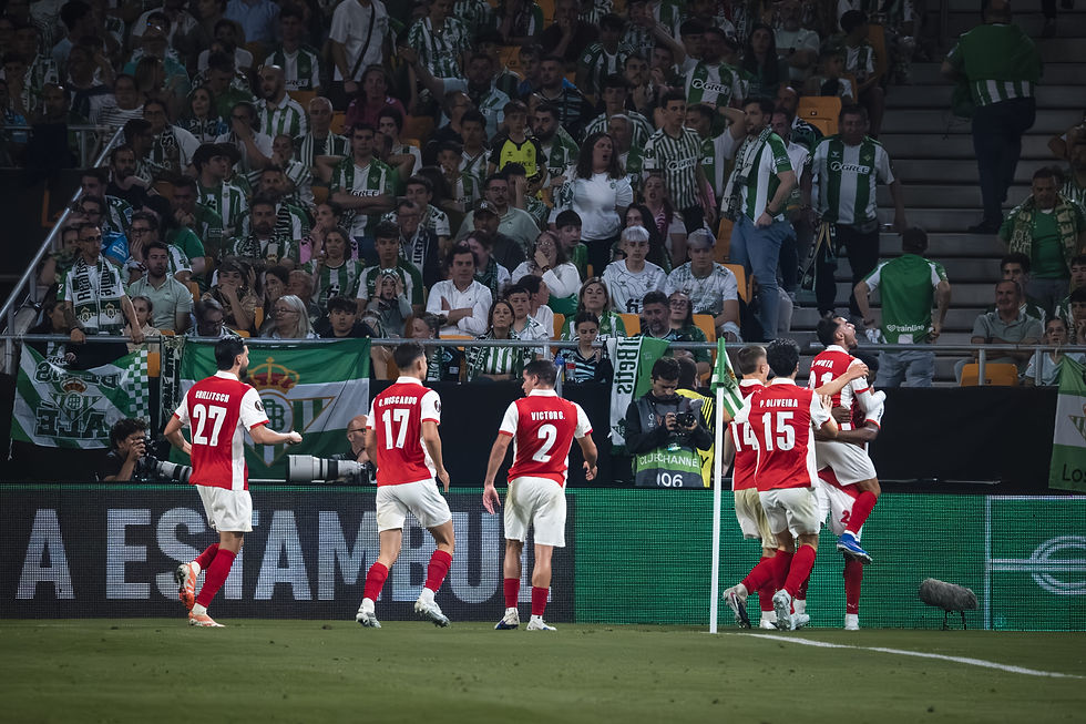 Celebración del gol del Sporting Braga por parte del jugador Ricardo Horta junto a sus compañeros. Foto: (Javier Zambrano).