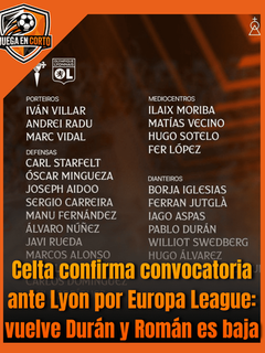 Celta confirma convocatoria ante Lyon: vuelve Durán y Román es baja.
