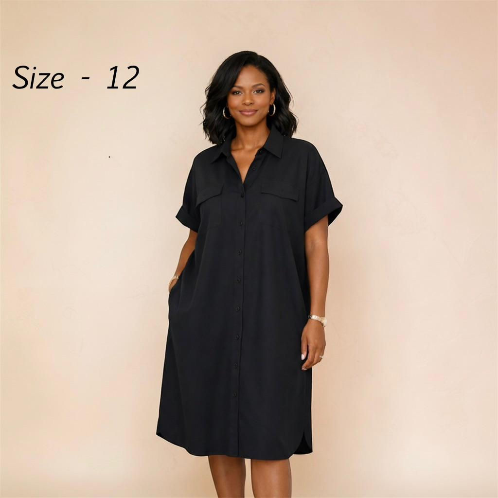 All-Black Button Shirt Dress with Pockets