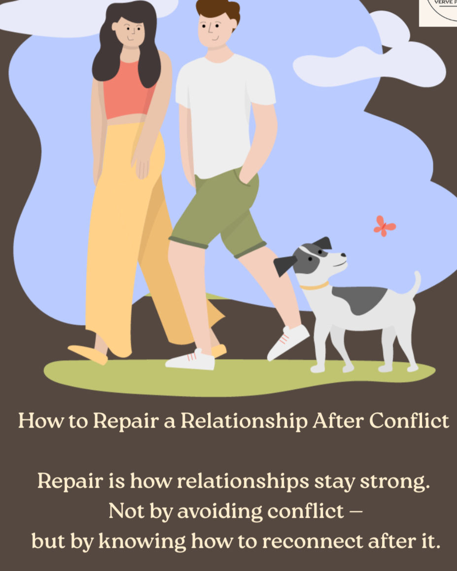 A couple walks with a dog in a park. Text reads: "How to Repair a Relationship After Conflict." Mood is calm and supportive.