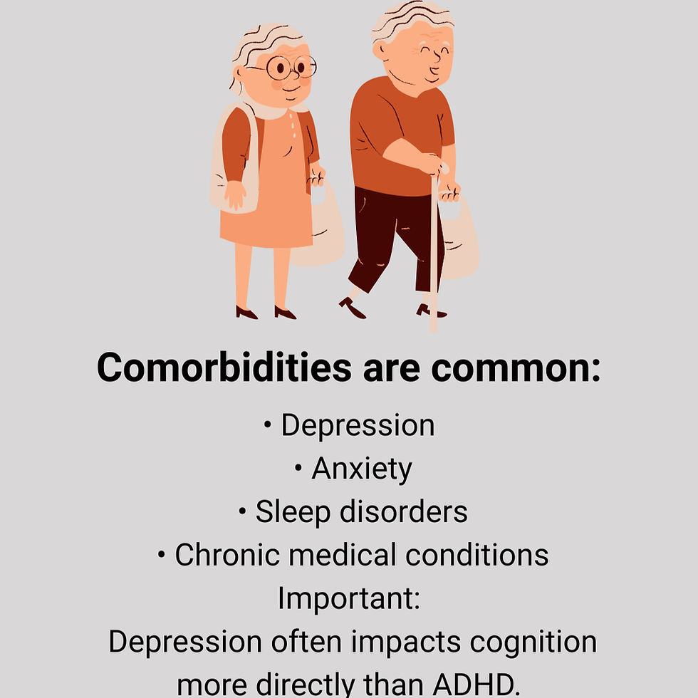 Elderly couple walking with bags. Text on comorbidities: depression, anxiety, sleep disorders; depression affects cognition more than ADHD.