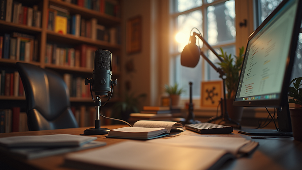 Eye-level view of a cozy podcasting setup with microphones and books