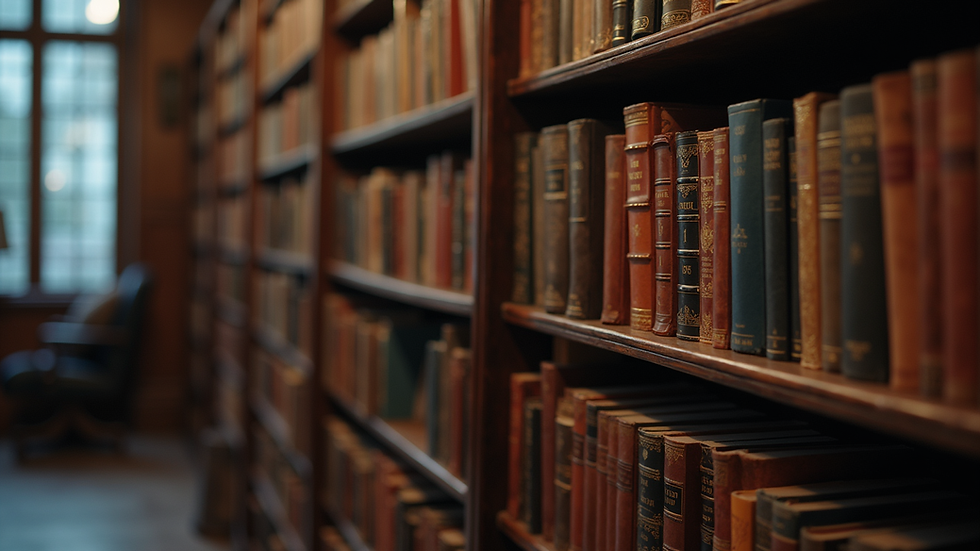 Eye-level view of a classic British library filled with mystery novels