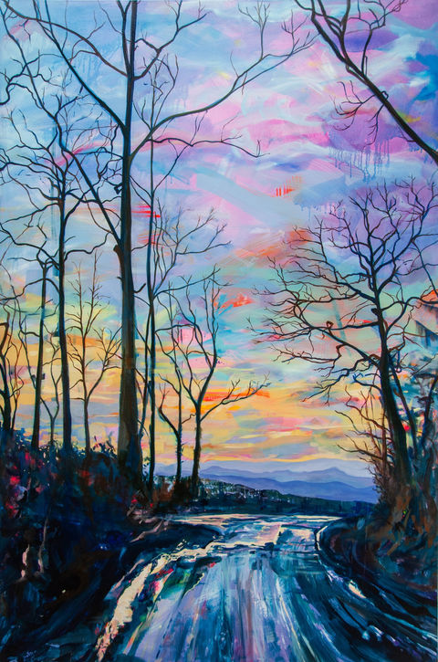 Landscape, painting, English, British, countryside, road, lane, wood, forest, blue, January, purple colourful, rainbow, acrylic oil, drips, expressive, abstract.