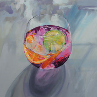 Revel, painting, drink, cocktail, ice, G and T, Gin, Tonic, fruit, lime, orange, ice, glass, friends, party, good time, uplifting, joy, social, connection, pink, green, grey, Alice, Gorton, British, English, art.