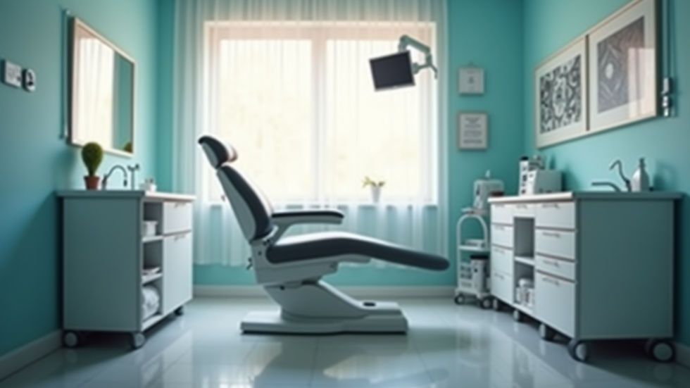 Eye-level view of a modern clinic treatment room with a comfortable chair and medical equipment