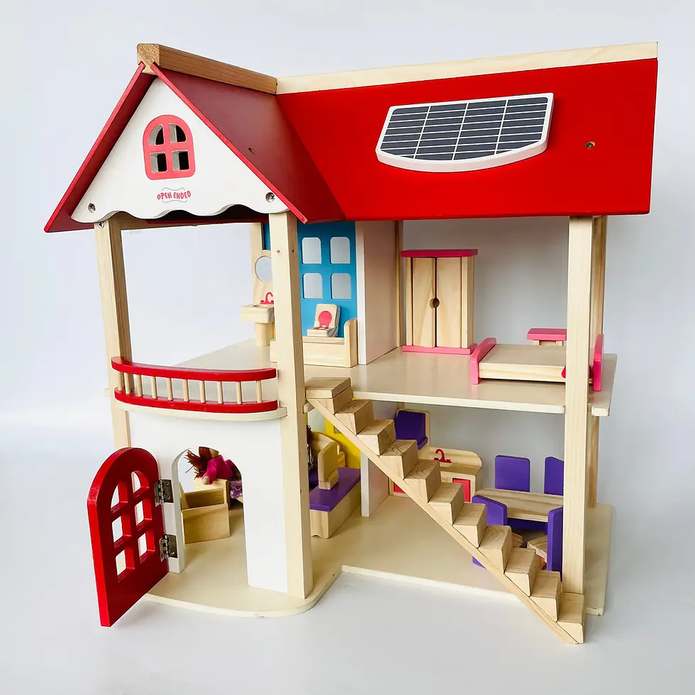 Thumbnail: Open Ended Wooden Dollhouse - Redwood Cottage (19 pcs furniture + 2 doll figures