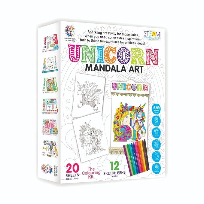 Thumbnail: RATNA'S Mandala Art Unicorn Colouring Kit - 20 Sheets with 12 Sketch Pens Inside
