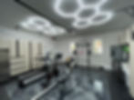 Modern garage home gym design with hexagonal lighting and equipment. Garage epoxy floor coating and garage cabinets.