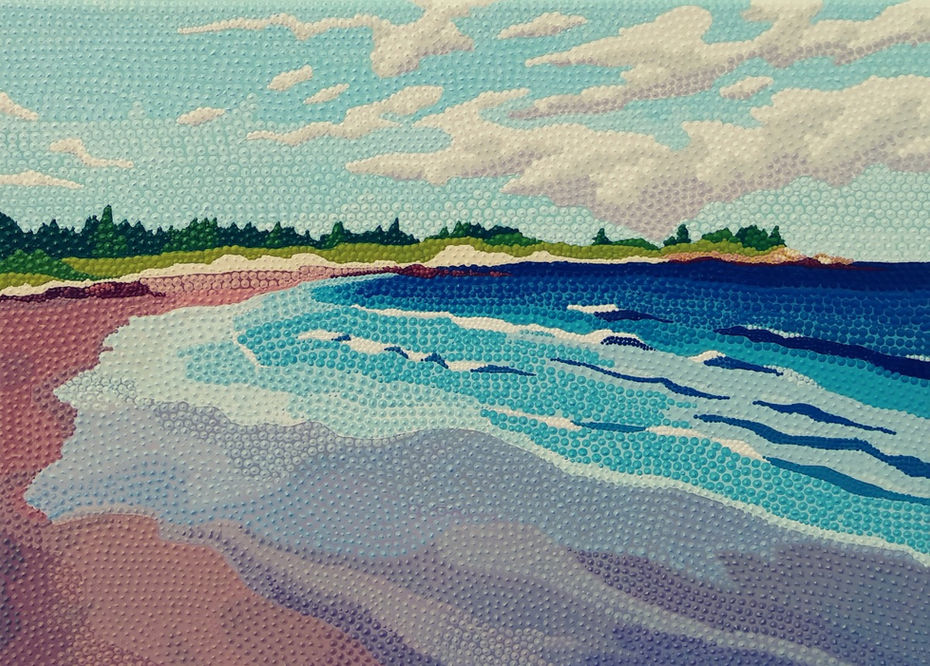Brightly coloured acrylic painting of a Beach.