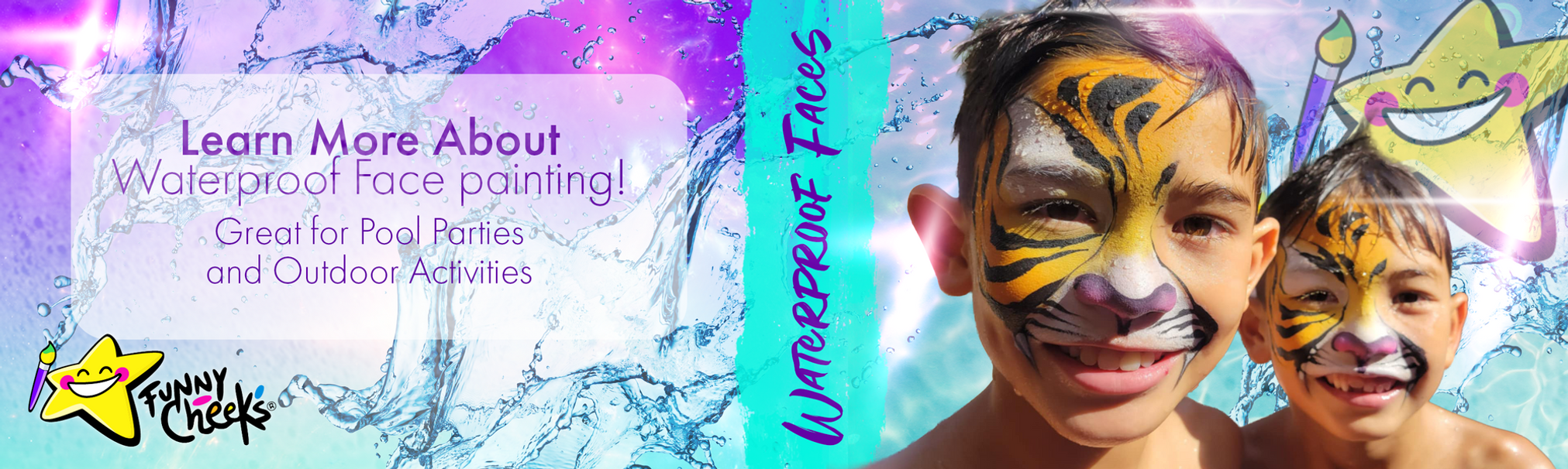 Kids face painted with waterproof face painting, just coming out of the pool.
