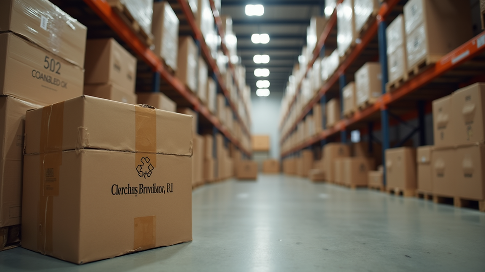 Eye-level view of stacked recycled cardboard boxes in a warehouse