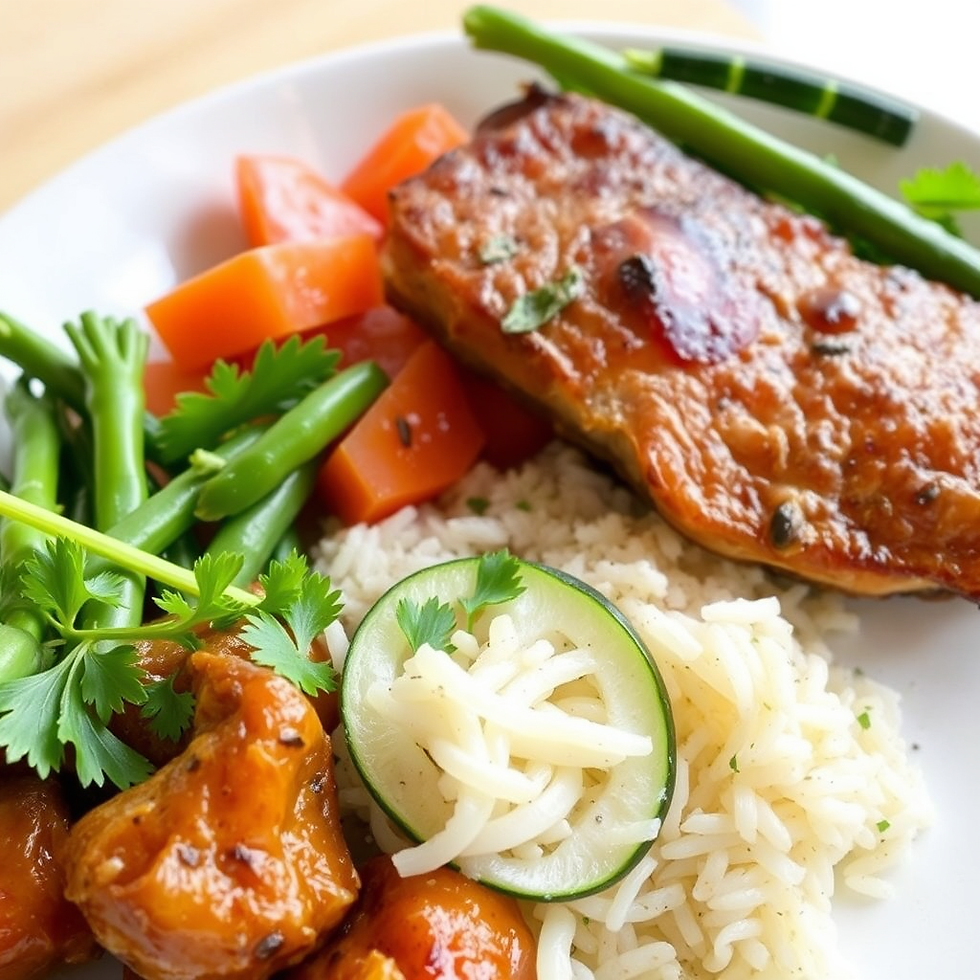 A plate with meat, veggies, and rice.