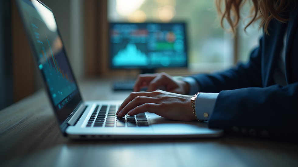 Eye-level view of a person analyzing data on a laptop
