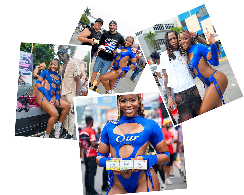 OUR Soap Company Digital Creator Sara Hazle ‘blocks traffic’ while sharing a moment with celebrities, masqueraders and spectators during Jamaica's carnival road march, proudly sponsored by OUR Soap Company.