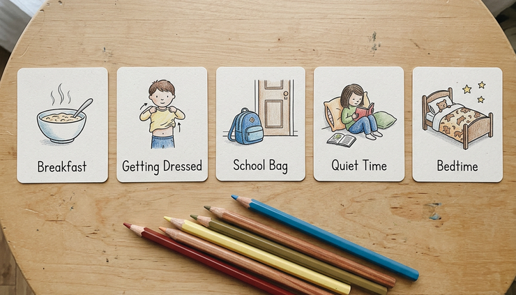 Overhead view of a simple visual routine with picture cards on a child’s table