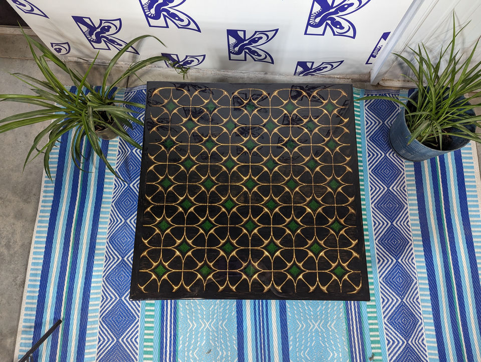 CNC carved resin table green and gold pattern