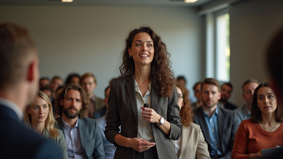Eye-level view of a woman confidently speaking at a leadership seminar