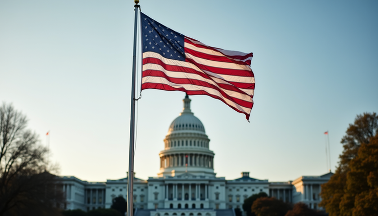 Eye-level view of the United States Capitol building with the American flag waving in front