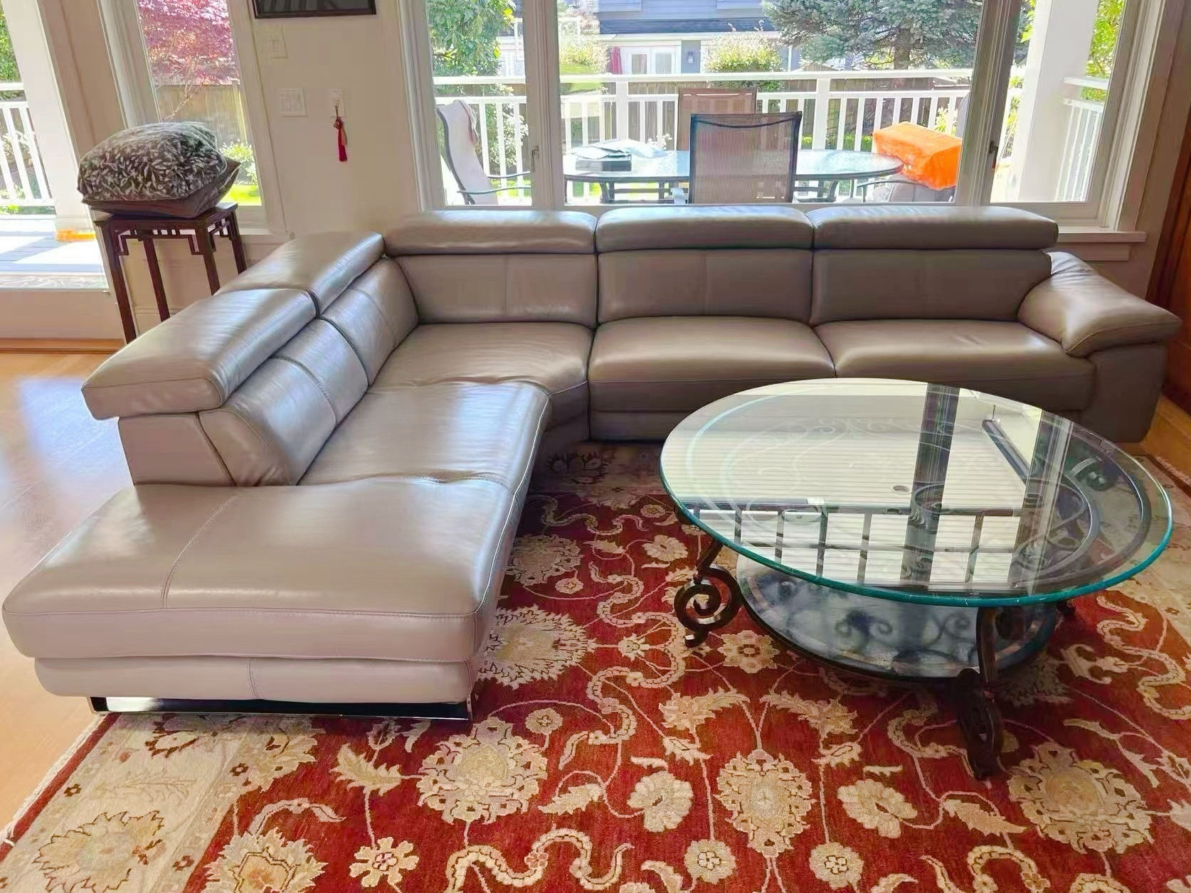 Modern Leather Sectional Sofa with Power Recliner + Glass Coffee Table