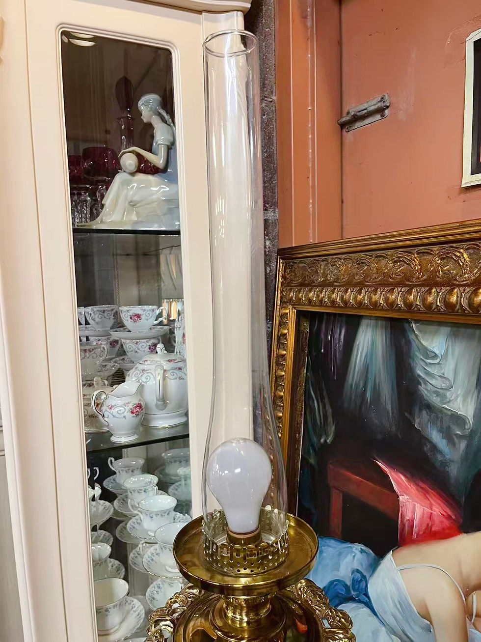 Thumbnail: Extra Large Hand-Painted Antique Glass Lamps with Brass Base & Inner Chimney