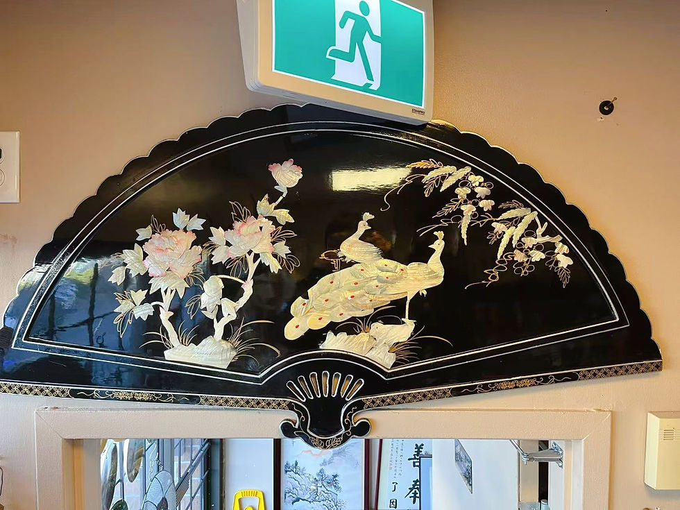 Thumbnail: Large vintage Asian lacquered fan wall art with mother-of-pearl inlay