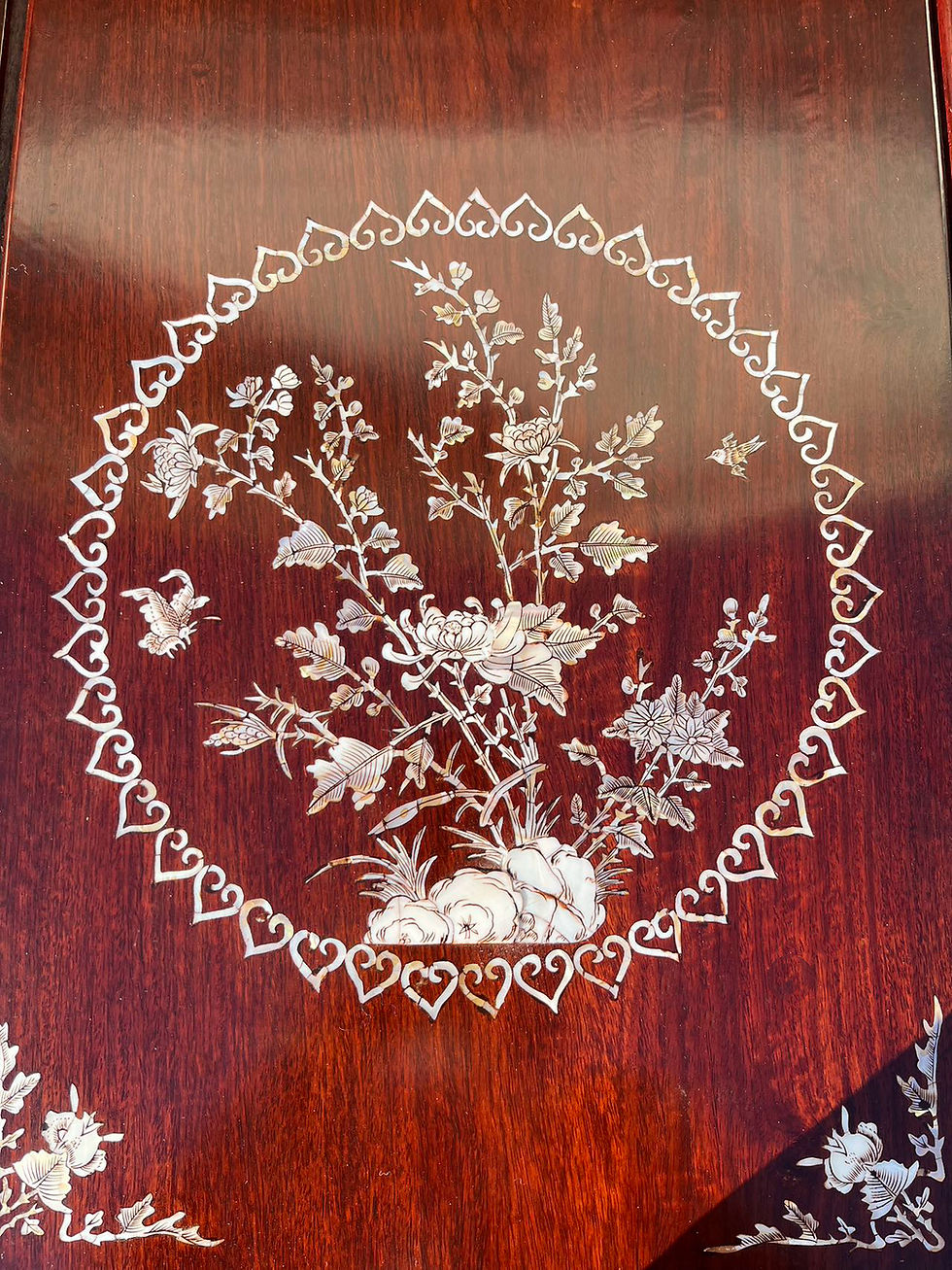 Thumbnail: Like new large oriental rosewood dining table set with mother-of-pearl inlay