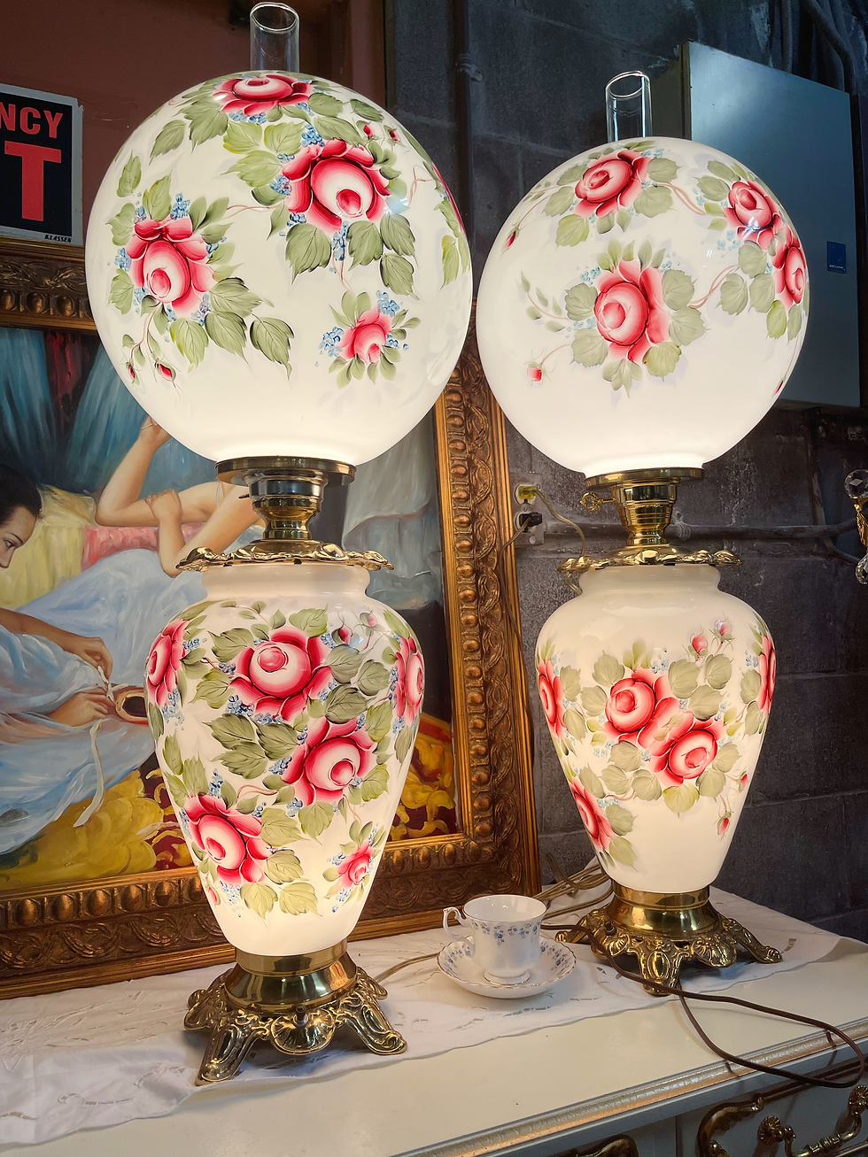 Thumbnail: Extra Large Hand-Painted Antique Glass Lamps with Brass Base & Inner Chimney