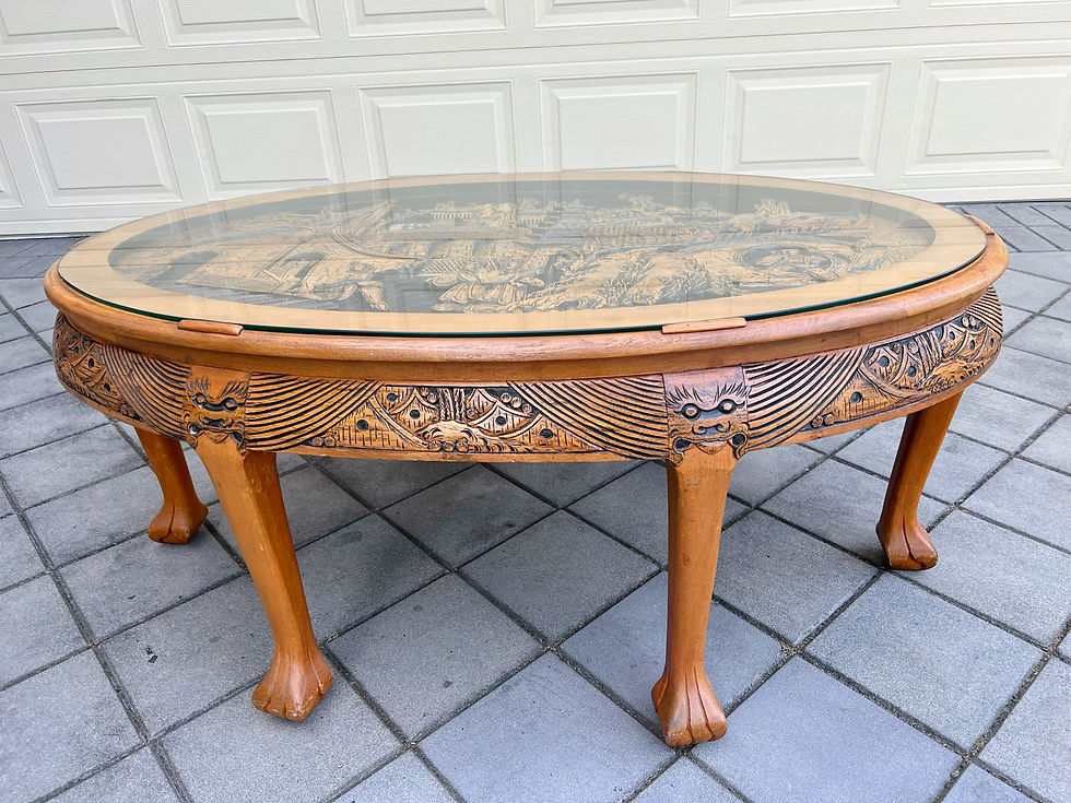 Thumbnail: Like new oriental teak coffee table with six stools