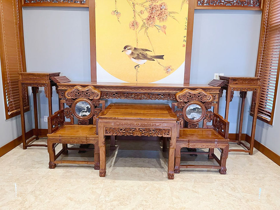 Thumbnail: Pair of oriental rosewood chairs and table (Priced Separately)