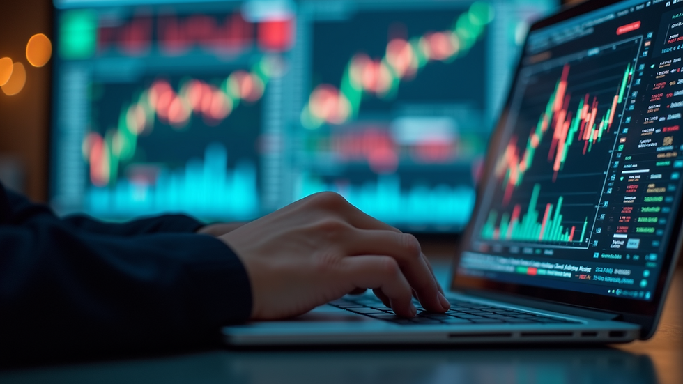 Eye-level view of a trader analyzing market data on a laptop