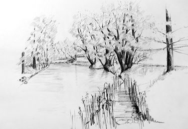 Bleistiftzeichnung: Uferweg, Bäume, Wasser. Kunstwerk von Wilfried Georg Barber