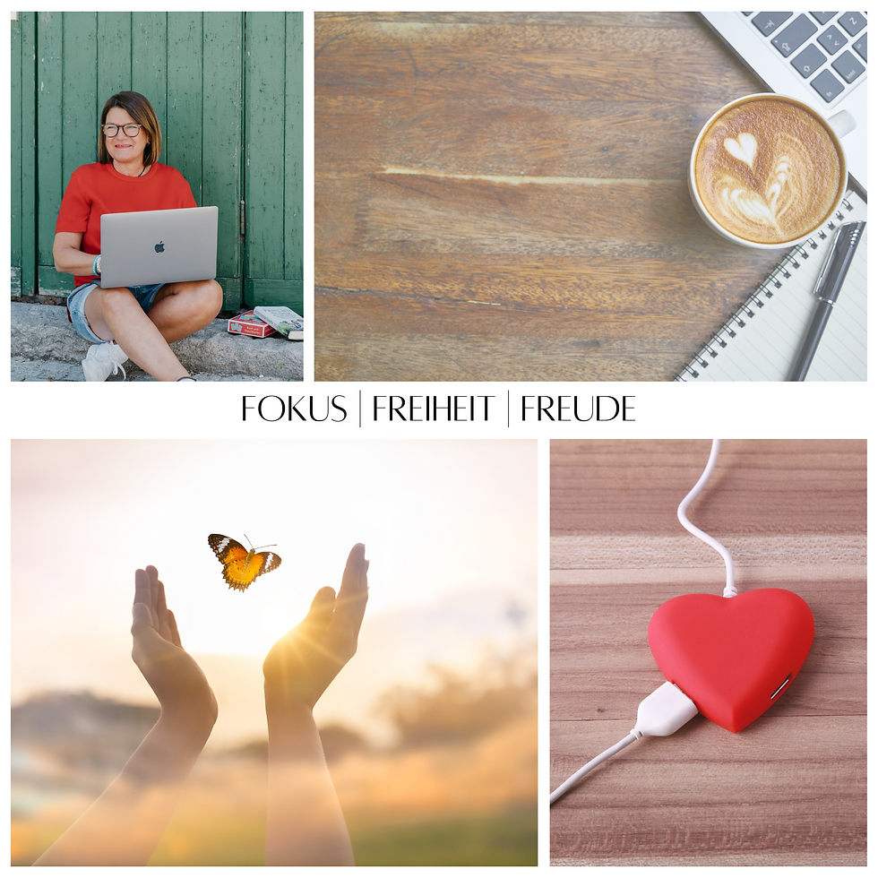 Collage mit Schriftzug Fokus, Freiheit, Freude - -Frau mit Laptop vor grüner Holzwand, Schmetterling als Symbol fürs Loslassen und Herzmotiv für Verbindung
